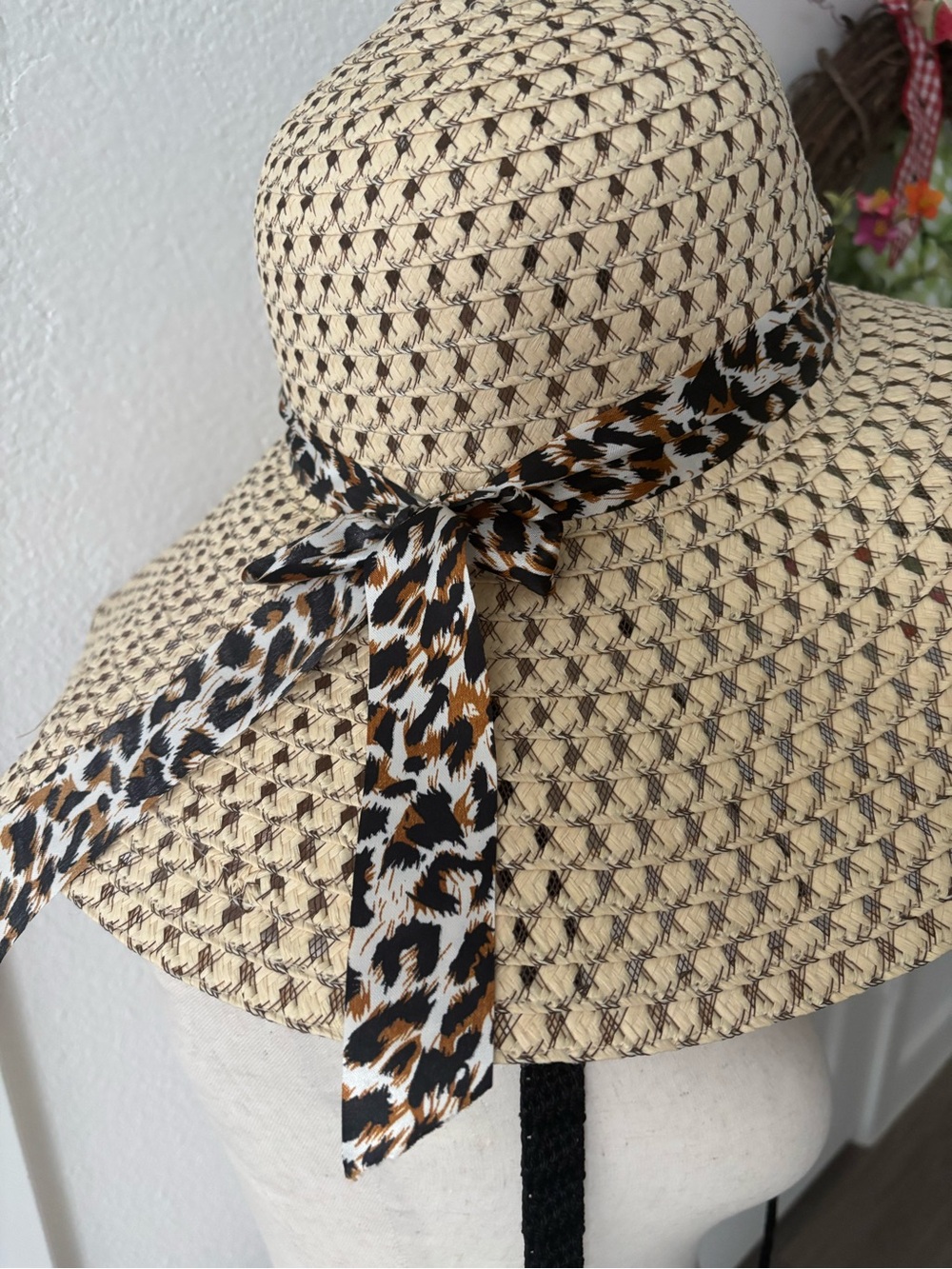 Beige Beach Straw Sun Hat with Leopard Tie Final Sale
